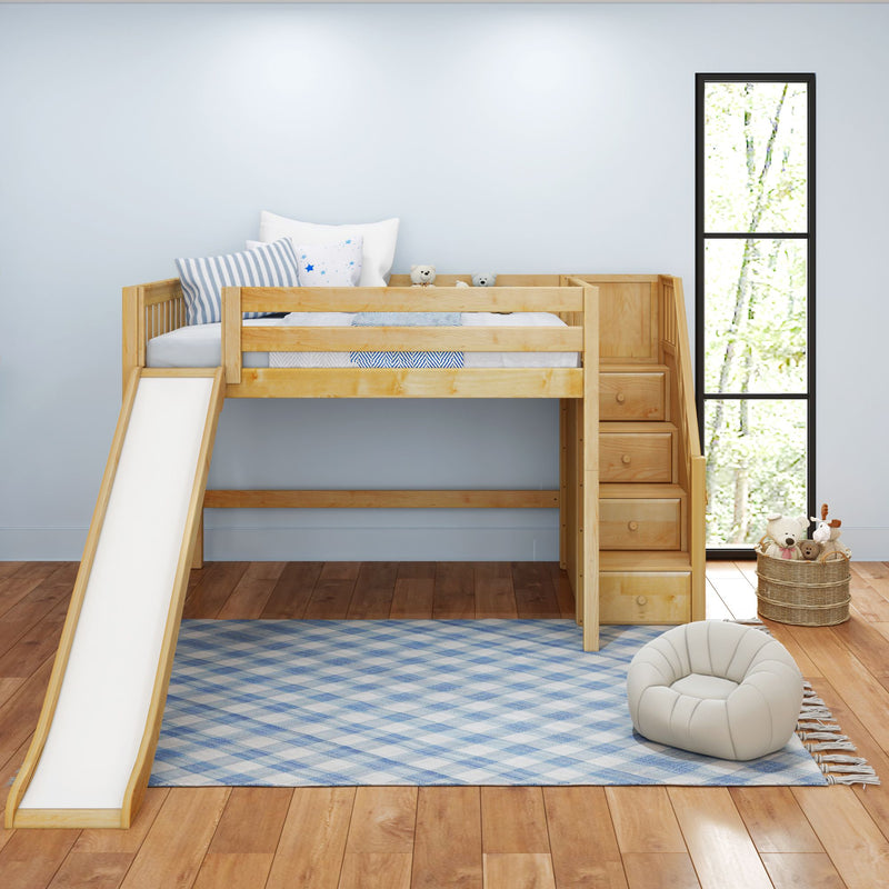 FINE NS : Loft Bed Full Mid Loft Bed with Slide and Stairs on End, Natural Birch Slats