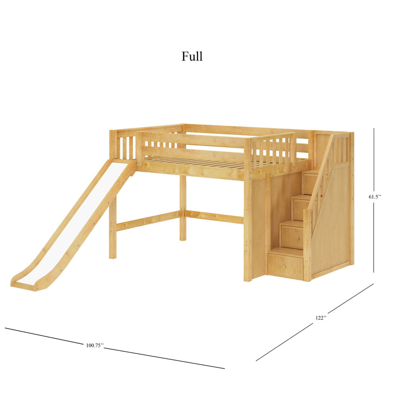 FINE NS : Loft Bed Full Mid Loft Bed with Slide and Stairs on End, Natural Birch Slats
