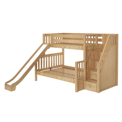 FOXTROT NS : Bunk Bed Classic Mid Twin over Full Bunk Bed with Slide and Stairs on End, Natural Birch Slats