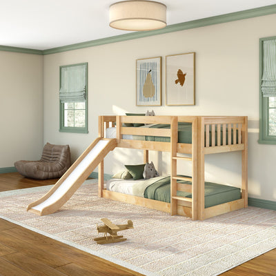 FREEZE TAG NS : Bunk Bed Twin Floor Bunk Bed with Straight Ladder on Front and Slide, Natural Birch Slats