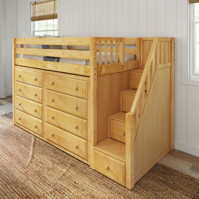 GALANT3 NS : Loft Bed Twin Mid Loft Bed with Stairs + Storage, Slat, Natural