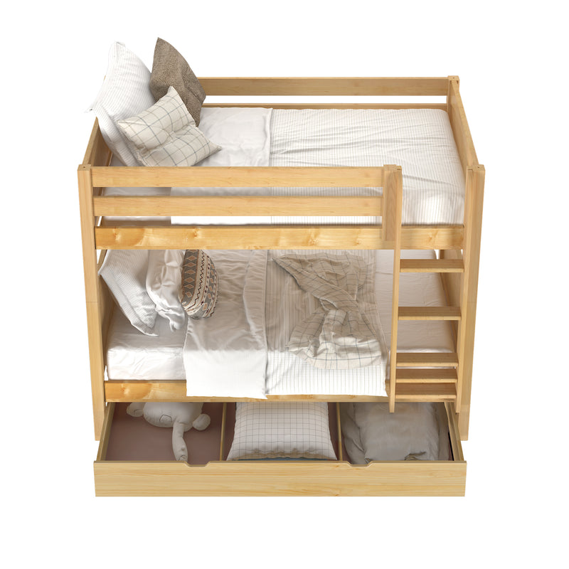 GETIT TD NP : Bunk Bed Twin Medium Bunk Bed with Trundle Drawer, Panel, Natural