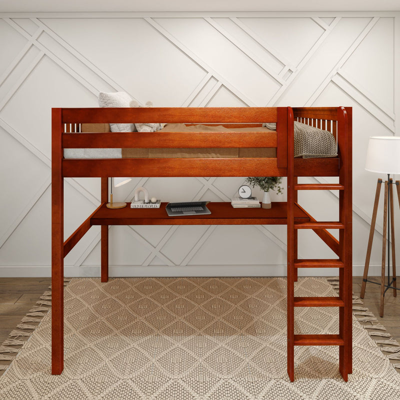 GRAND1 CS : Loft Bed Full High Loft Study Bed with Long Desk and Straight Ladder on Front, Chestnut Slats