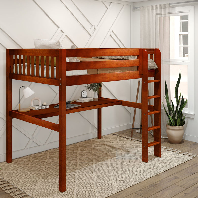 GRAND1 CS : Loft Bed Full High Loft Study Bed with Long Desk and Straight Ladder on Front, Chestnut Slats