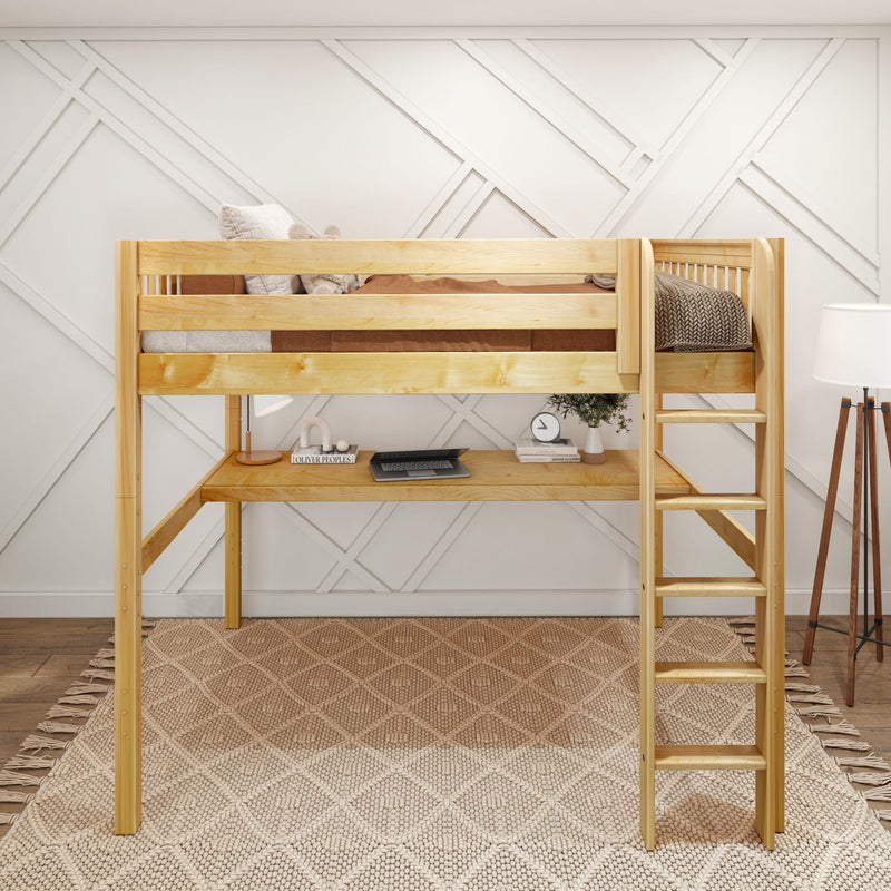 GRAND1 NS : Loft Bed Full High Loft Study Bed with Long Desk and Straight Ladder on Front, Natural Birch Slats