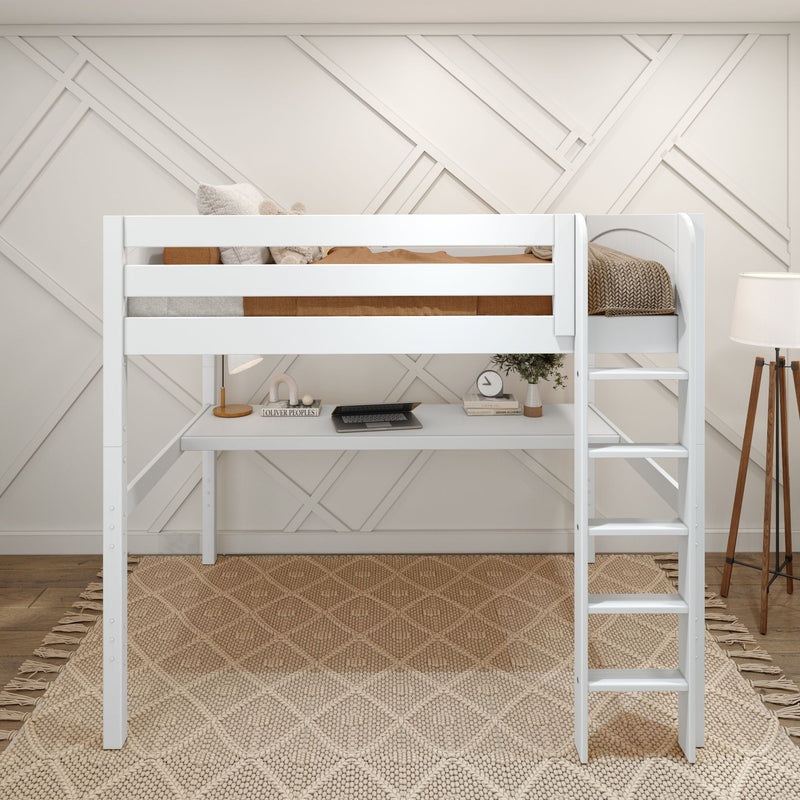 GRAND1 WP : Loft Bed Full High Loft Study Bed with Long Desk and Straight Ladder on Front, Classic White Panel