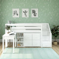 GREAT4 WP : Loft Bed Twin Low Loft Bed with Stairs, Storage + Desk, Panel, White