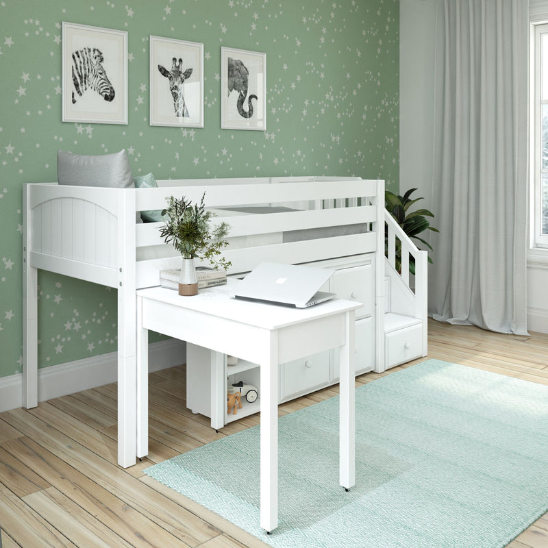 GREAT4 WP : Loft Bed Twin Low Loft Bed with Stairs, Storage + Desk, Panel, White