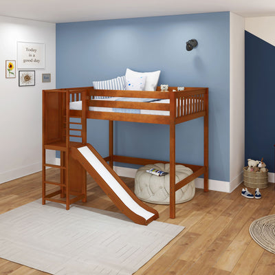 GROOVE CS : Loft Bed Full High Loft Bed with Slide Platform, Slat, Chestnut