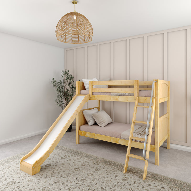 HAPPY XL NP : Bunk Bed Classic Mid Twin XL Bunk Bed with Slide and Angled Ladder on Front, Natural Birch Panel