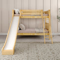 HAPPY XL NP : Bunk Bed Classic Mid Twin XL Bunk Bed with Slide and Angled Ladder on Front, Natural Birch Panel