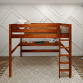 HEFTY1 XL CS : Loft Bed Queen High Loft Study Bed with Long Desk and Straight Ladder on Front, Chestnut Slats