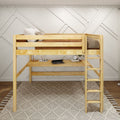 HEFTY1 XL NS : Loft Bed Queen High Loft Study Bed with Long Desk and Straight Ladder on Front, Natural Birch Slats