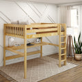 HEFTY1 XL NS : Loft Bed Queen High Loft Study Bed with Long Desk and Straight Ladder on Front, Natural Birch Slats