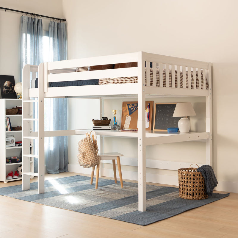HEFTY1 XL WS : Loft Bed Queen High Loft Study Bed with Long Desk and Straight Ladder on Front, Classic White Slats