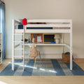 HEFTY1 XL WS : Loft Bed Queen High Loft Study Bed with Long Desk and Straight Ladder on Front, Classic White Slats