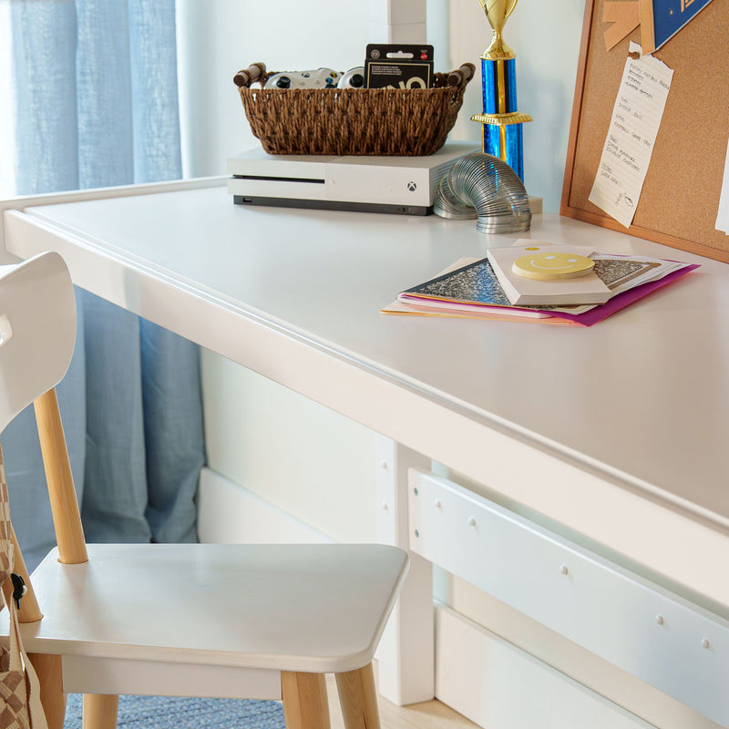 HEFTY1 XL WS : Loft Bed Queen High Loft Study Bed with Long Desk and Straight Ladder on Front, Classic White Slats