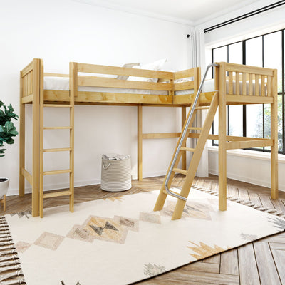 HIGHRISE NS : Corner Loft Bed Twin High Corner Loft Bed with Left Straight Ladder + Right Angled Ladder on Front, Natural Birch Slats
