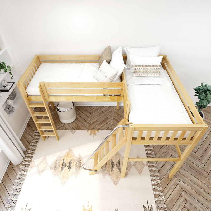 HIGHRISE NS : Corner Loft Bed Twin High Corner Loft Bed with Left Straight Ladder + Right Angled Ladder on Front, Natural Birch Slats