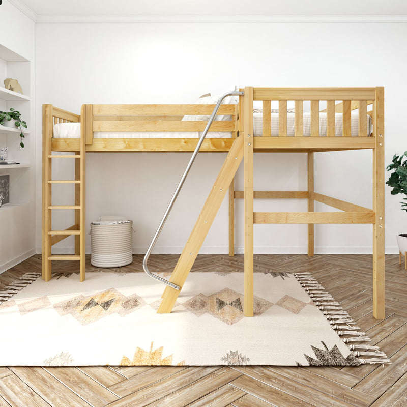 HIGHRISE NS : Corner Loft Bed Twin High Corner Loft Bed with Left Straight Ladder + Right Angled Ladder on Front, Natural Birch Slats