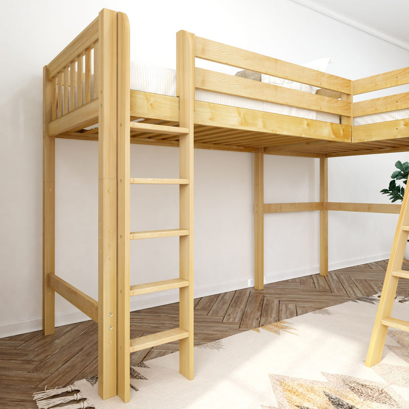 HIGHRISE NS : Corner Loft Bed Twin High Corner Loft Bed with Left Straight Ladder + Right Angled Ladder on Front, Natural Birch Slats