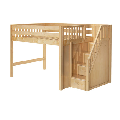 HIT NS : Loft Bed Full Mid Loft Bed with Stairs on End, Natural Birch Slats
