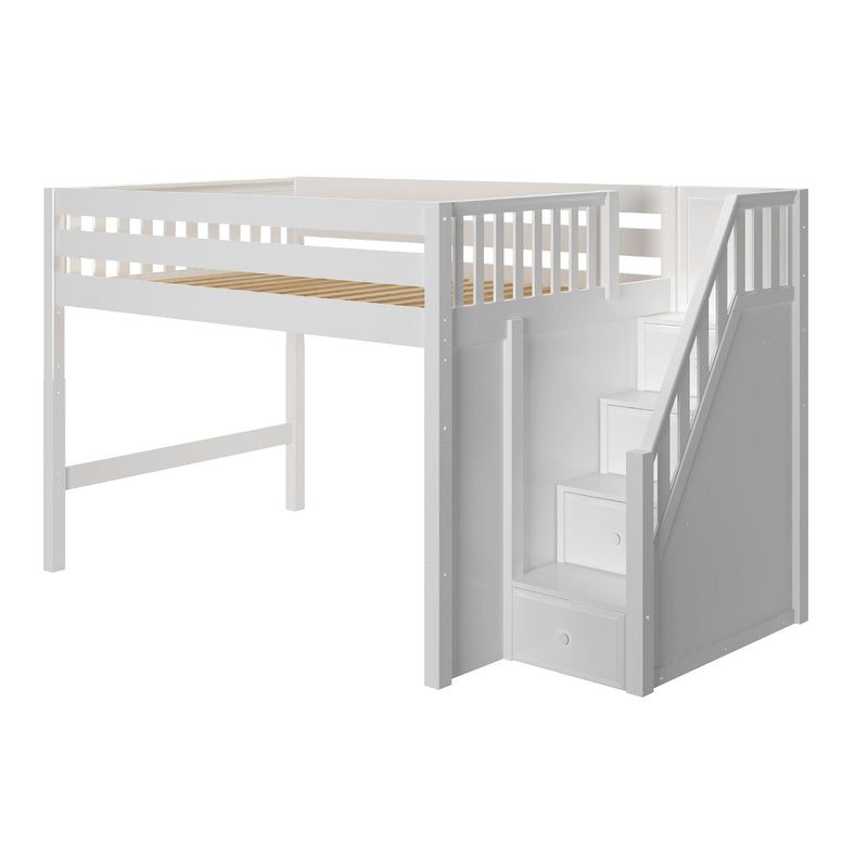 HIT XL WS : Loft Bed Full XL Mid Loft Bed with Stairs, Slat, White