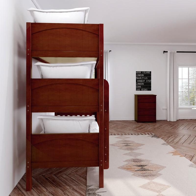 HOLY XL CP : Multiple Bunk Beds Twin XL Triple Bunk Bed with Straight Ladders on Front, Panel, Chestnut