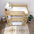 HOLY NP : Triple Bunk Classic Twin Triple Bunk Bed with Two Straight Ladders on Front, Natural Birch Panel