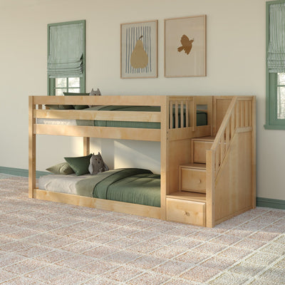HOPSCOTCH NS : Bunk Bed Twin Floor Bunk Bed with Staircase, Natural Birch Slats