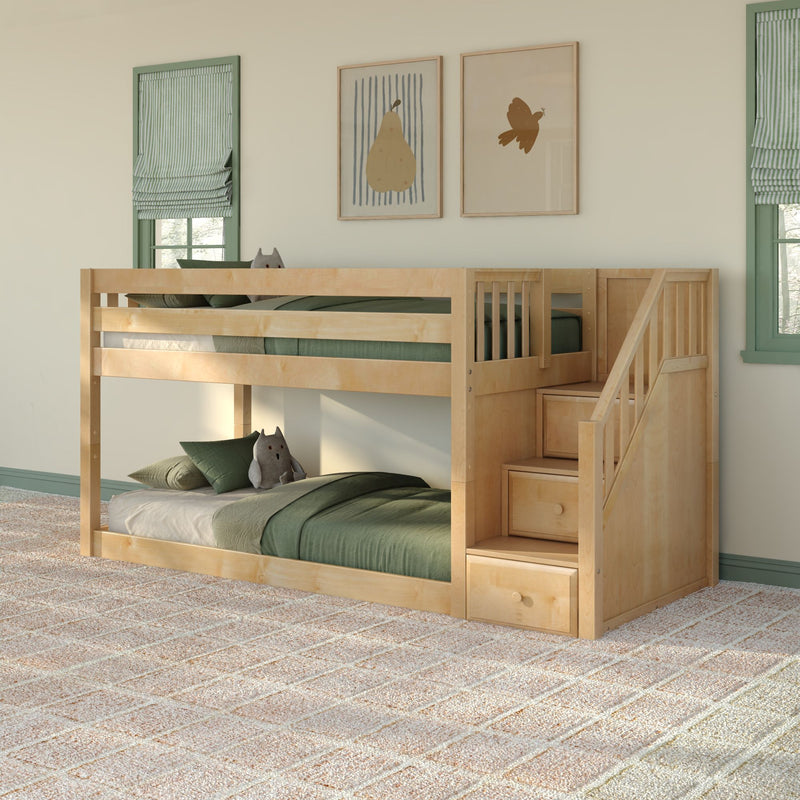HOPSCOTCH NS : Bunk Bed Twin Floor Bunk Bed with Staircase, Natural Birch Slats