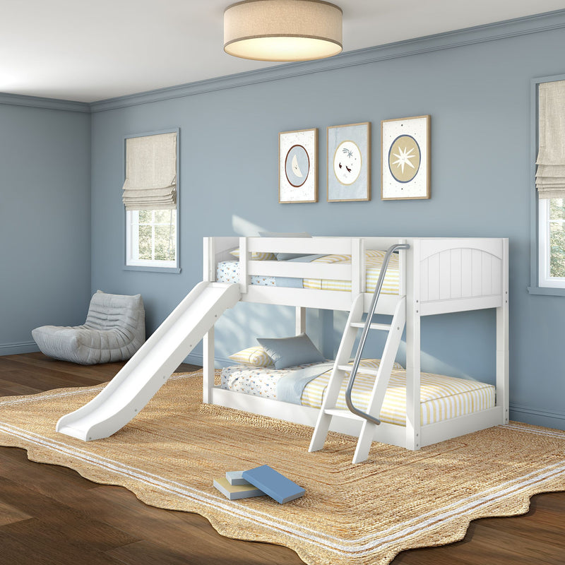 HOT POTATO WP : Bunk Bed Twin Floor Bunk Bed with Angled Ladder on Front and Slide, Classic White Panel