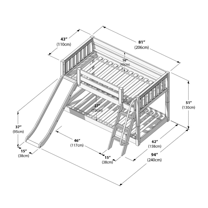 HOT POTATO WP : Bunk Bed Twin Floor Bunk Bed with Angled Ladder on Front and Slide, Classic White Panel