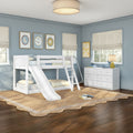 HOT POTATO WP : Bunk Bed Twin Floor Bunk Bed with Angled Ladder on Front and Slide, Classic White Panel