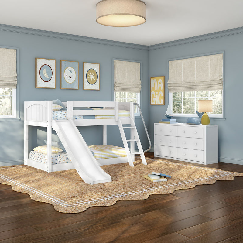 HOT POTATO WP : Bunk Bed Twin Floor Bunk Bed with Angled Ladder on Front and Slide, Classic White Panel
