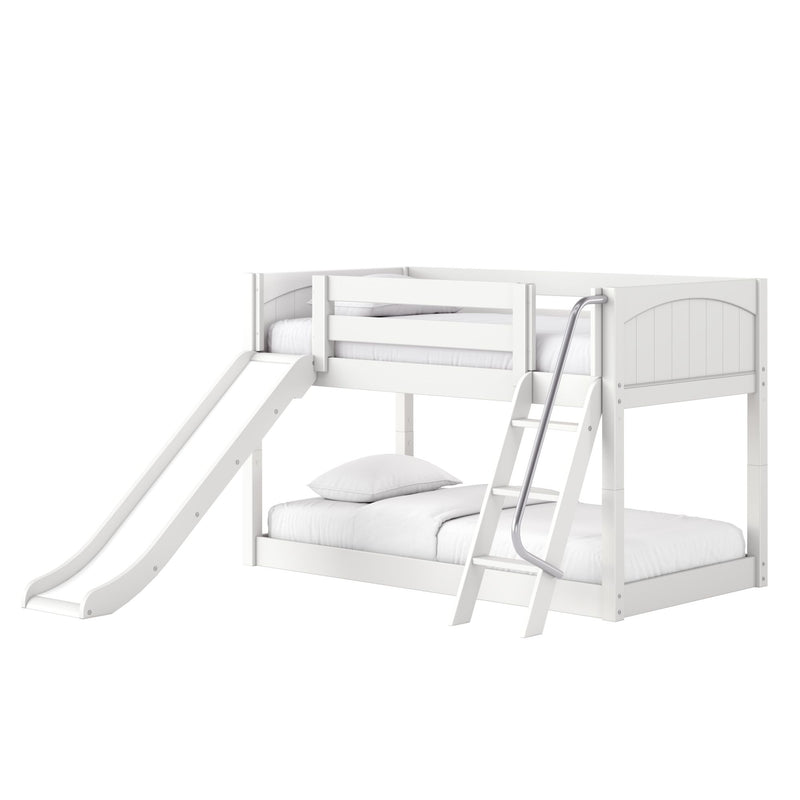 HOT POTATO WP : Bunk Bed Twin Floor Bunk Bed with Angled Ladder on Front and Slide, Classic White Panel