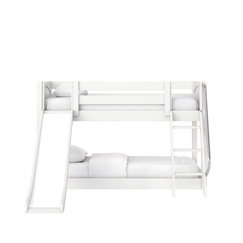 HOT POTATO WP : Bunk Bed Twin Floor Bunk Bed with Angled Ladder on Front and Slide, Classic White Panel