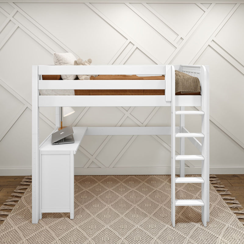 JIBJAB15 WS : Loft Bed Twin High Loft Study Bed with Corner Desk and Straight Ladder on Front, Classic White Slats