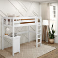 JIBJAB15 WS : Loft Bed Twin High Loft Study Bed with Corner Desk and Straight Ladder on Front, Classic White Slats