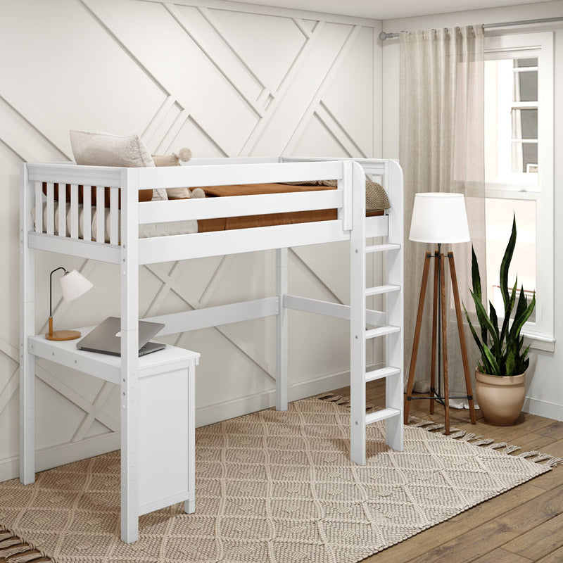 JIBJAB15 WS : Loft Bed Twin High Loft Study Bed with Corner Desk and Straight Ladder on Front, Classic White Slats