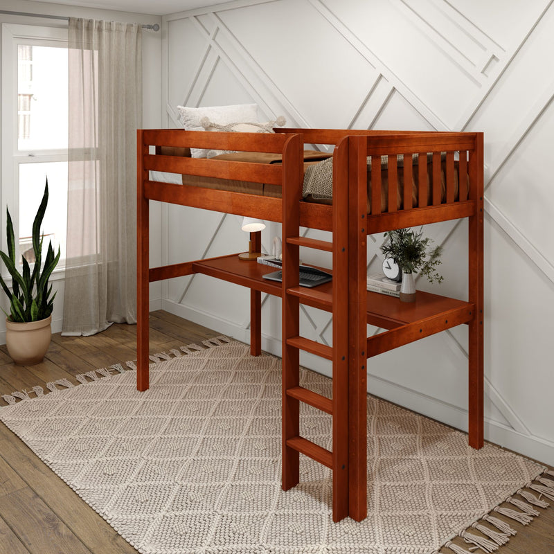JIBJAB1 CS : Loft Bed Twin High Loft Study Bed with Long Desk and Straight Ladder on Front, Chestnut Slats