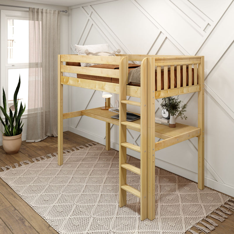 JIBJAB1 XL NS : Loft Bed Twin XL High Loft Study Bed with Long Desk and Straight Ladder on Front, Natural Birch Slats