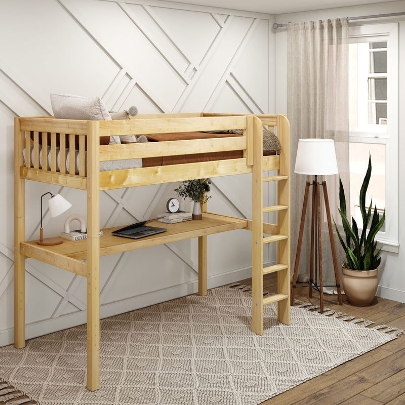 JIBJAB1 XL NS : Loft Bed Twin XL High Loft Study Bed with Long Desk and Straight Ladder on Front, Natural Birch Slats