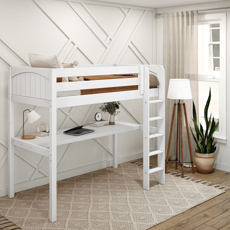 JIBJAB1 XL WP : Study Loft Beds Twin XL High Loft Bed with Straight Ladder + Desk, Panel, White