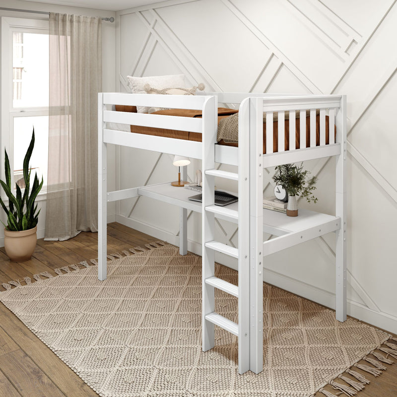 JIBJAB1 XL WS : Loft Bed Twin XL High Loft Study Bed with Long Desk and Straight Ladder on Front, Classic White Slats