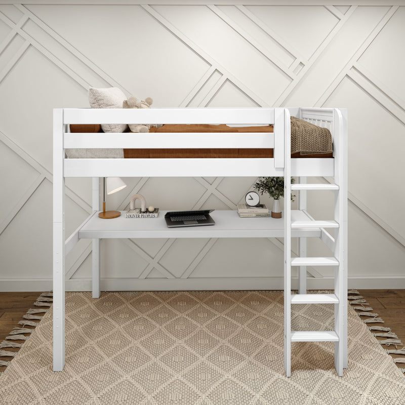 JIBJAB1 XL WS : Loft Bed Twin XL High Loft Study Bed with Long Desk and Straight Ladder on Front, Classic White Slats