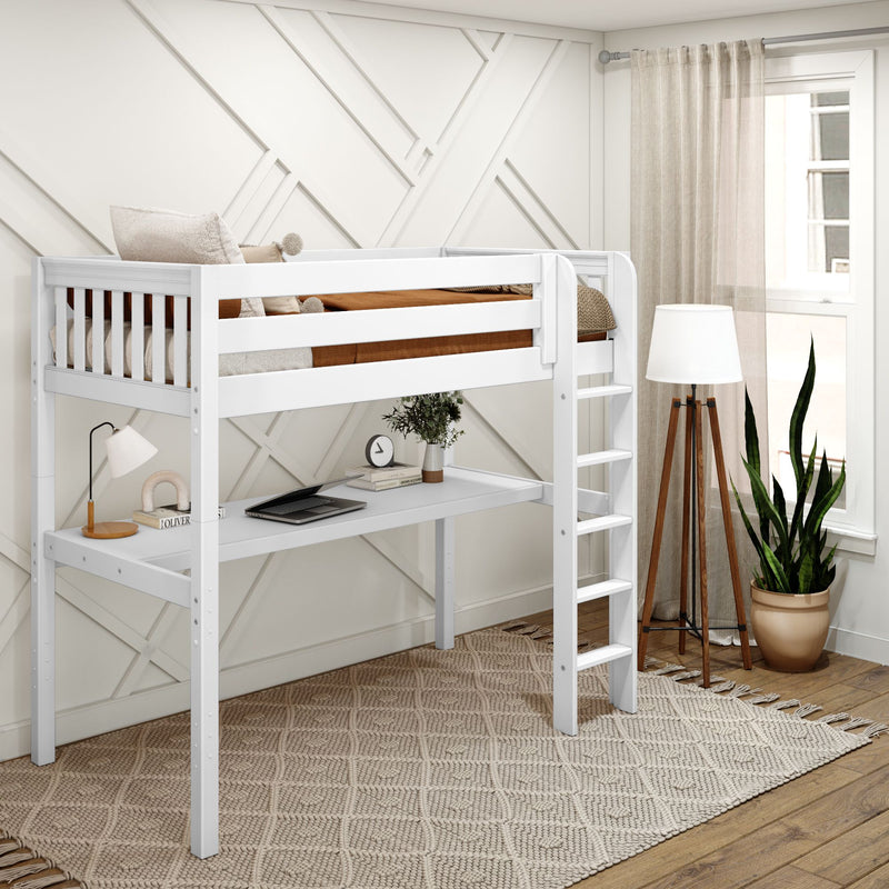JIBJAB1 XL WS : Loft Bed Twin XL High Loft Study Bed with Long Desk and Straight Ladder on Front, Classic White Slats