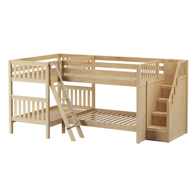 JOINT NS : Quad Corner Bunk Full + Twin Mid Quad Corner Bunk with Stairs + Angled Ladder on Left Front, Natural Birch Slats