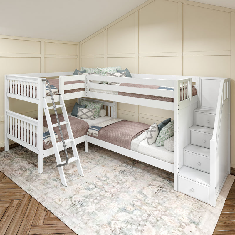 JOINT XL WS : Quad Corner Bunk Full XL + Twin XL Medium Corner Bunk with Angled Ladder and Stairs on Right, Slat, White