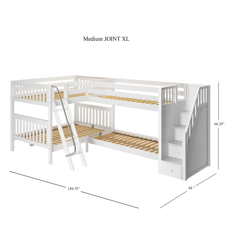 JOINT XL WS : Quad Corner Bunk Full XL + Twin XL Medium Corner Bunk with Angled Ladder and Stairs on Right, Slat, White